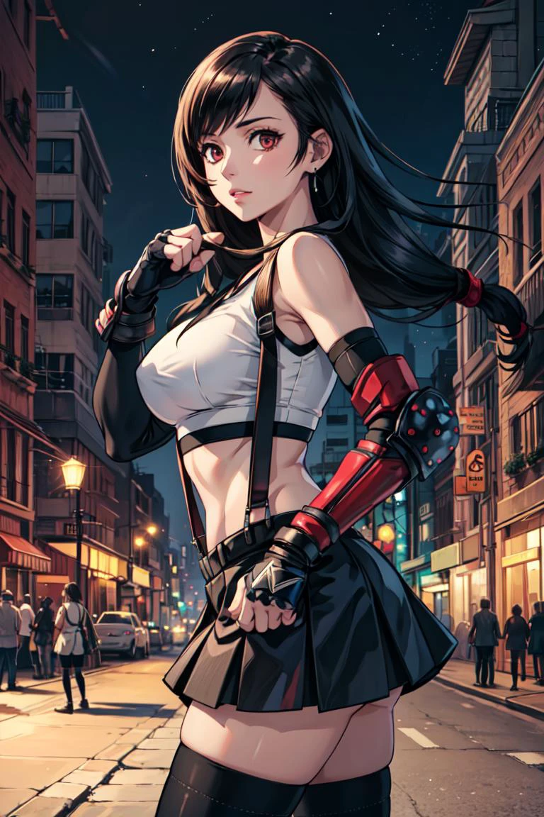 cowboy shot ,realistic, best quality, masterpiece, realistic ,<lora:more_details:0.3>,<lyco:GoodHands-beta2:1>, 7rtifa, crop top, arm guards, fingerless gloves, suspenders, pleated miniskirt, black thighhighs, fist, from side, looking at viewer, dystopian city, city street, night <lora:tifa-nvwls-v1:0.8>