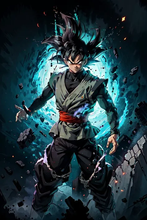 ((masterpiece, best quality)),(complex light),absurdres, highres, 1boy,solo,fighting stance, goku black,black hair,black eyes, green  fire destroyed debris background,smirk,  <lora:goku_black1:0.8>, <lora:on_fire:0.5>, <lora:LAS:0.3>