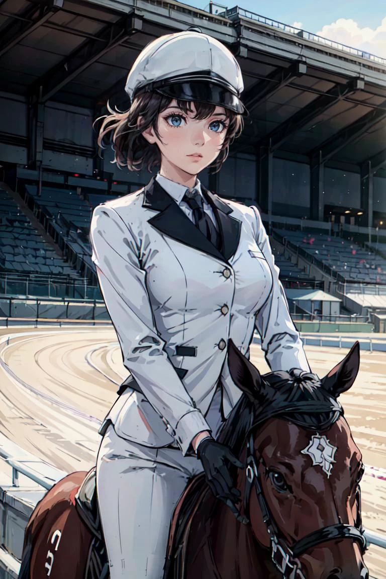 best quality, masterpiece, <lora:more_details:0.3>,<lyco:GoodHands-beta2:1>,a woman, (wearing equitation_outfit, wearing cap:1.1), white equitation_outfit, good hand, head:1.3,finely detailed skin, sharp focus, (cinematic lighting),  dynamic angle,  breasts, outside, Racetrack background,  <lora:equitation_outfit:0.6>,Depth of Field