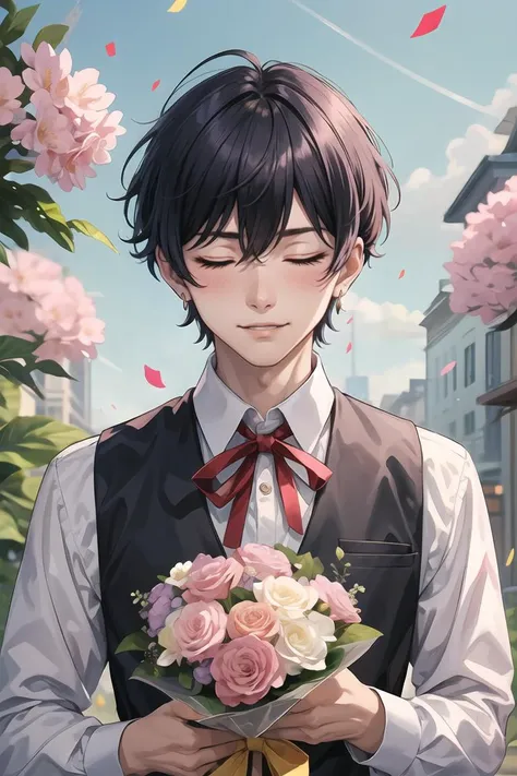 masterpiece, best quality, (masculine),solo,purple_flower,vest,teeth,shirt,bouquet,kamishiro_rui,asymmetrical_bangs,ribbon,holding,closed_eyes,blurry_background,long_sleeves,flower,facing_viewer,hk_(wgyz7222),short_hair,purple_hair,blush,aqua_hair,project_sekai,blurry,neck_ribbon,collared_shirt,smile,yellow_ribbon,male_focus,holding_bouquet,confetti,pink_flower,black_vest,jewelry,1boy,earrings,upper_body,<lora:more_details:0.3>,<lora:GoodHands-beta2:0.8>,<lora:GPTS4 dreamwave full_478773:0.3>,