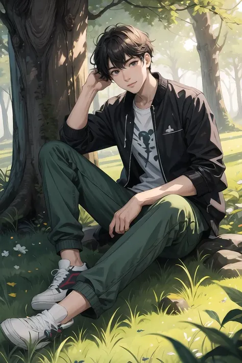 masterpiece, best quality, (1boy),man,(face close-up:0.67)(tree:0.994), (grass:0.981), (male_focus:0.981), (solo:0.959), (outdoors:0.929), (sitting:0.915), (pants:0.892), (shoes:0.862), (plant:0.860), (cross-laced_footwear:0.808), (forest:0.771), (one_eye_closed:0.771), (nature:0.764), (sneakers:0.734), (smile:0.689), (looking_at_viewer:0.688), (against_tree:0.686),<lora:more_details:0.3>,<lora:GoodHands-beta2:0.8>,<lora:GPTS4 dreamwave full_478773:0.3>,