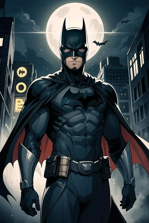 masterpiece, best quality, original, official art,full body,Cowboy Shot,beautiful and detailed illustration,pop art,soft lighting,dark knight cover art of batman in gotham city, midnight, toned muscle, batman mask, full black outfit, black cape, medium shot, upper body, sharp focus, perspective,<lora:GoodHands-beta2:0.8>, cartoon rendering,yellow light,