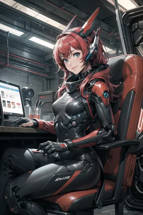 masterpiece, best quality, a woman sitting in a chair with a computer on it's back and a keyboard on her lap, Eve Ryder, laurie greasley, cyberpunk art, space art, mecha pilot girl, smile, 1girl, mecha, cockpit, inside robot slim body, <lora:Niji:0.6>, body suit, high-tech theme, small hip, high detail, realistic, photo quality, high quality, (photorealistic:1.2), science fiction,<lora:more_details:0.3>,<lora:GoodHands-beta2:1>,