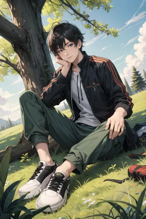 masterpiece, best quality, (1boy),man,(face close-up:0.67)(tree:0.994), (grass:0.981), (male_focus:0.981), (solo:0.959), (outdoors:0.929), (sitting:0.915), (pants:0.892), (shoes:0.862), (plant:0.860), (cross-laced_footwear:0.808), (forest:0.771), (one_eye_closed:0.771), (nature:0.764), (sneakers:0.734), (smile:0.689), (looking_at_viewer:0.688), (against_tree:0.686),<lora:more_details:0.3>,<lora:GoodHands-beta2:1>,<lora:GPTS4 dreamwave full_478773:0.3>,