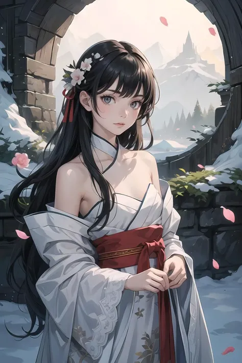 cowboy shot,best quality,masterpiece,snow mountain background,dramatic lighting,( girl:1.5),lace,ribbon,hanfu,(masterpiece, sidelighting, finely detailed beautiful gray eyes:1.2),masterpiece,realistic,glowing eyes,shiny hair,black hair,long long hair,lustrous skin,solo,embarassed,Strapless,exquisite,beautifly,garden,flowers,flying petals,<lora:more_details:0.3>,<lora:GoodHands-beta2:0.8>,<lora:GPTS4 dreamwave full_478773:0.3>,