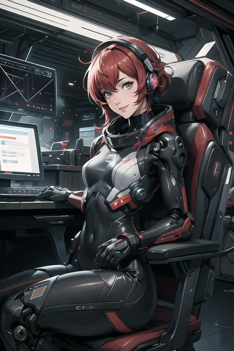 masterpiece, best quality, a woman sitting in a chair with a computer on it's back and a keyboard on her lap, Eve Ryder, laurie greasley, cyberpunk art, space art, mecha pilot girl, smile, 1girl, mecha, cockpit, inside robot slim body, <lora:Niji:0.6>, body suit, high-tech theme, small hip, high detail, realistic, photo quality, high quality, (photorealistic:1.2), science fiction,<lora:more_details:0.3>,<lora:GoodHands-beta2:0.8>,