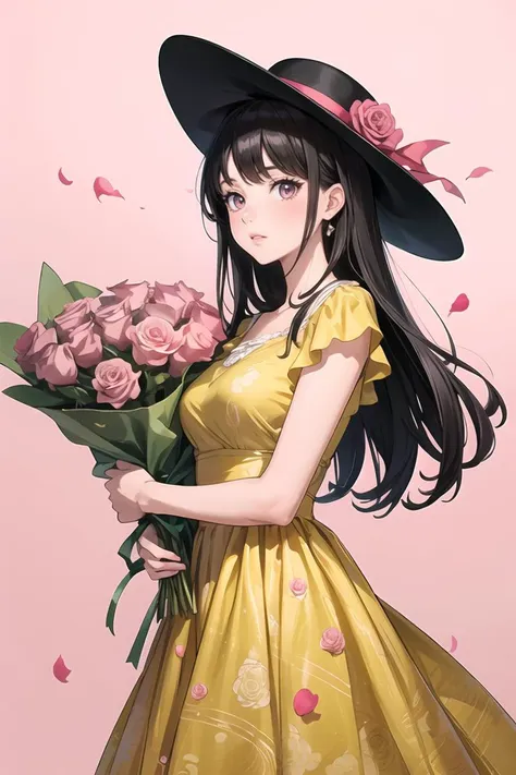 masterpiece, best quality, A woman in a yellow dress and hat, holding pink roses against a pink background with intricate patterns,<lora:more_details:0.3>,<lora:GoodHands-beta2:0.8>