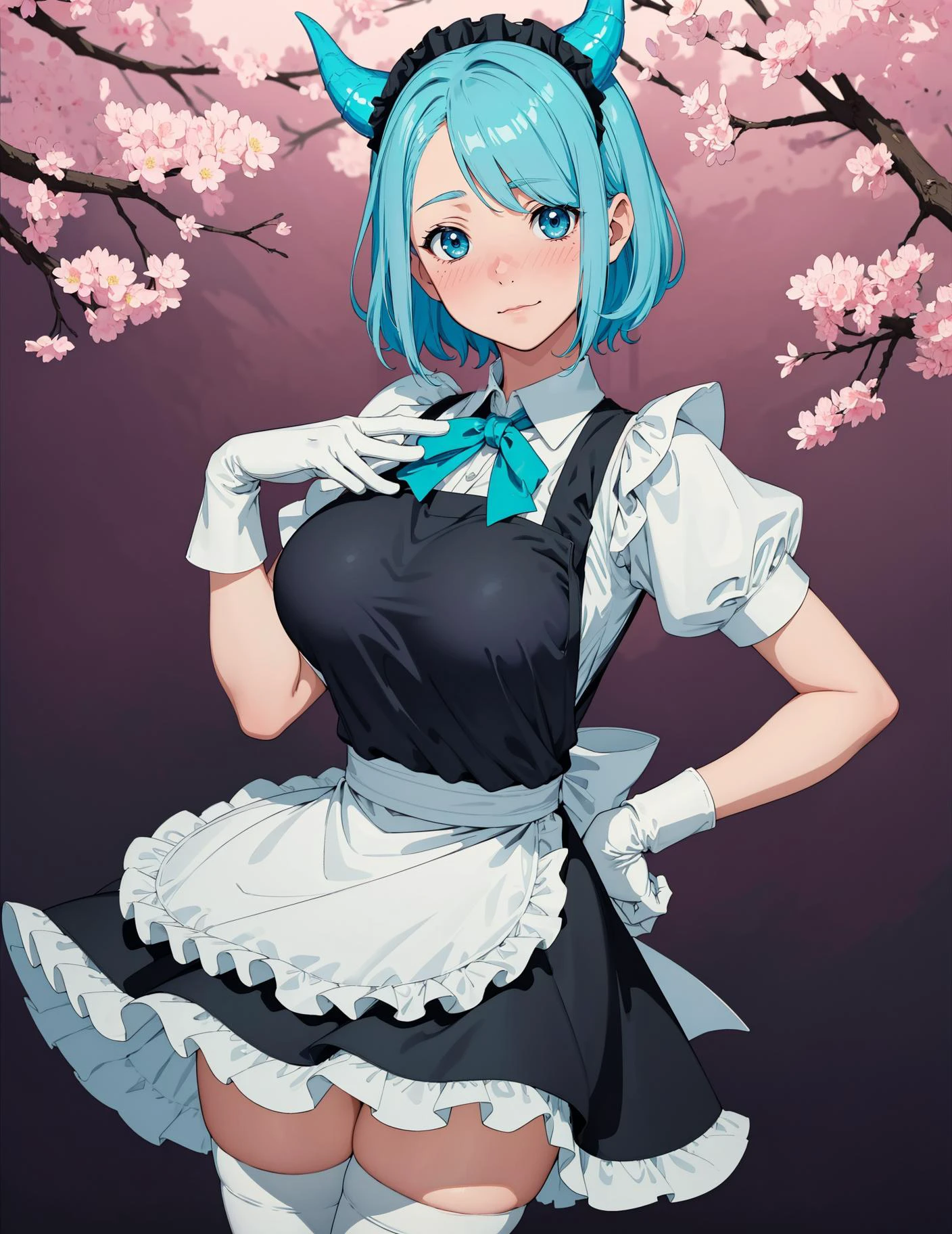 masterpiece, best quality,ultra-detailed,intricate details, detailed texture,1girl,young cute korean girl,18 year old,solo,((blushed face)),embarrassed,shy,timid,cameltoe,shiny skin,look to viewer,solo,sexy pose,(huge breast),bokeh,pencil skirt, purple skirt, fishnet thighhighs, <lora:YukiDragon:0.8> YukiDragon, 1girl, solo, medium hair, blue eyes, white thighhighs, white gloves, aqua hair, short sleeves, frills, blue wings, blue horns, puffy sleeves, hair over one eye, white apron, black dress, aqua eyes, maid, waist apron, maid apron, <lora:Real_Dream_Hands:0.2> realistic hands