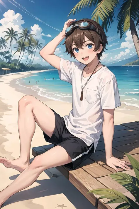 masterpiece,best quality,1boy,solo,goggles on head,male focus,blue eyes,outdoors,barefoot,shorts,open mouth,smile,looking at viewer,sitting,beach,blush,tree,brown hair,stylish pose,sky,palm tree,ocean,day,<lora:more_details:0.3>,<lora:GoodHands-beta2:0.8>,