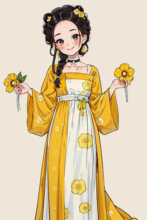 1girl, solo, blush, smile, simple background, black hair, hair ornament, long sleeves, white background, dress, ribbon, holding, standing, braid,earrings, choker, floral print, facing viewer, hair rings, yellow flower, holding flower,<lora:gufeng_illustration_v2:0.7>