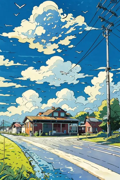 outdoors,no humans,house,cloud,grass,sky,day,power lines,scenery,road,tree,traditional media,utility pole,sign,blue sky,building,cloudy sky,water,masterpiece,best quality,<lora:line illustrationa_20230901192549:0.85>,