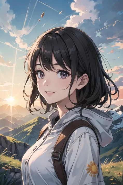 best quality,masterpiece,Dark hair,dark eyes,upper body,sun flare,outdoors,mountain,valley,sky. clouds,smiling,<lora:more_details:0.3>,<lora:GoodHands-beta2:1>,