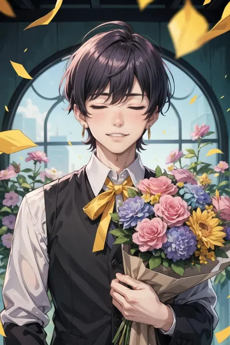 masterpiece, best quality, (masculine),solo,purple_flower,vest,teeth,shirt,bouquet,kamishiro_rui,asymmetrical_bangs,ribbon,holding,closed_eyes,blurry_background,long_sleeves,flower,facing_viewer,hk_(wgyz7222),short_hair,purple_hair,blush,aqua_hair,project_sekai,blurry,neck_ribbon,collared_shirt,smile,yellow_ribbon,male_focus,holding_bouquet,confetti,pink_flower,black_vest,jewelry,1boy,earrings,upper_body,<lora:more_details:0.3>,<lora:GoodHands-beta2:1>,<lora:GPTS4 dreamwave full_478773:0.3>,