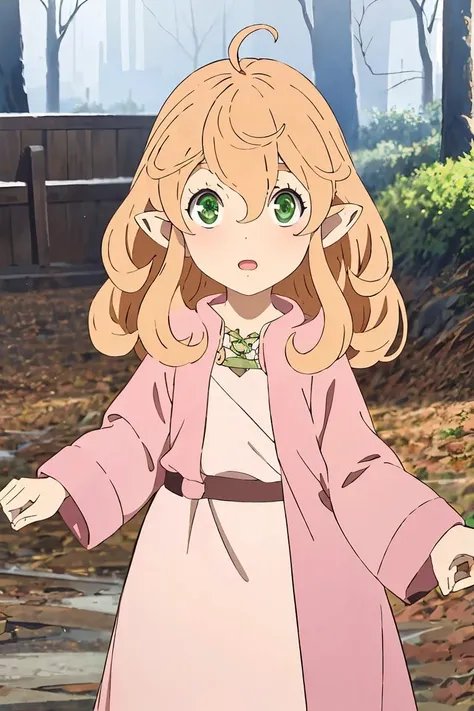 (masterpiece, best quality), 1girl, <lora:RobinaV1.1:1> robina, 1girl, solo, hair between eyes, blonde hair, green eyes, ahoge, pointy ears, child, long hair, long sleeves, pink dress, outdoors, park, |
