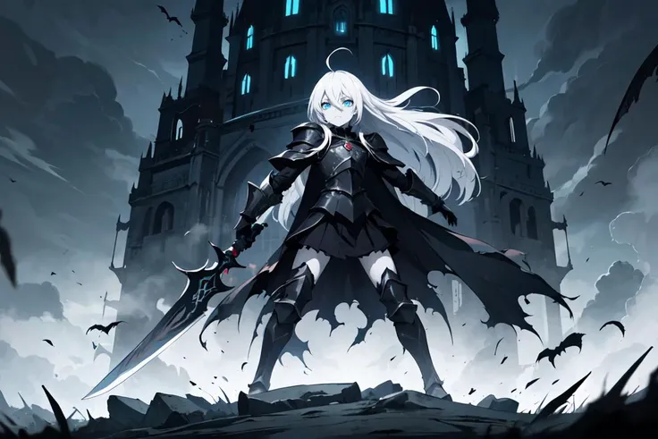masterpiece, best quality, hdr, (solo:1.2), 1girl, eerie, dark castle, armored, black armor, pale skin, ahoge, white hair, (absurdly long hair:1.2), blue eyes, flat chest, hair between eyes, black torn cloak, cold attitude, poster, black energy, black magic, aura, looking at viewer, glow, evil, villain, <lora:r1ge - AnimeRage:0.2>, <lora:Gloomifier_TheDread_V1_LECO:1>, full body, dual wielding a beam sword