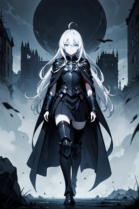 masterpiece, best quality, hdr, solo, 1girl, eerie, dark castle, armored, black armor, pale skin, ahoge, white hair, (absurdly long hair:1.2), blue eyes, flat chest, hair between eyes, black cloak, cold attitude, poster, black energy, black magic, aura, half-closed eyes, full body, looking at viewer, walking, glow <lora:r1ge - AnimeRage:0.2>
