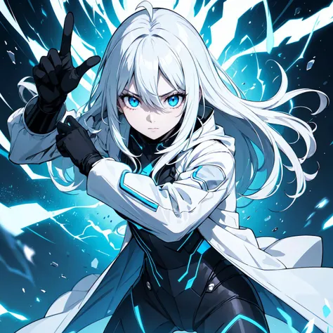 masterpiece, best quality, hdr, (solo:1.2), 1girl, eerie, armored, black armor, pale skin, ahoge, white hair, (absurdly long hair:1.2), blue eyes, flat chest, hair between eyes, cold attitude, poster, black energy, black magic, aura, looking at viewer, glow, evil, villain, <lora:r1ge - AnimeRage:0.3>, fighting stance, blue trim, armored, futuristic, bodysuit, blue energy, (white jacket:1.2), blue electricity