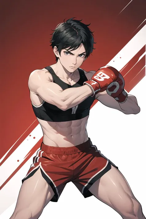 (masterpiece), head portrait, fantasy, heroic look, black hair, fighting arena, athletic boy, athletic body, red boxing shorts, (looking at viewer: 1.1), (high gloss skin: 1.1) , tough boy, in attack pose with boxing gloves,<lora:GoodHands-beta2:0.8>