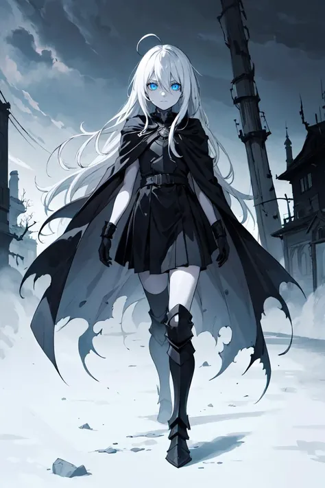 masterpiece, best quality, hdr, solo, 1girl, eerie, dark castle, armored, black armor, pale skin, ahoge, white hair, (absurdly long hair:1.2), blue eyes, flat chest, hair between eyes, black torn cloak, cold attitude, poster, black energy, black magic, aura, looking at viewer, glow, evil, villain, <lora:r1ge - AnimeRage:0.2>, <lora:Gloomifier_TheDread_V1_LECO:1>, full body