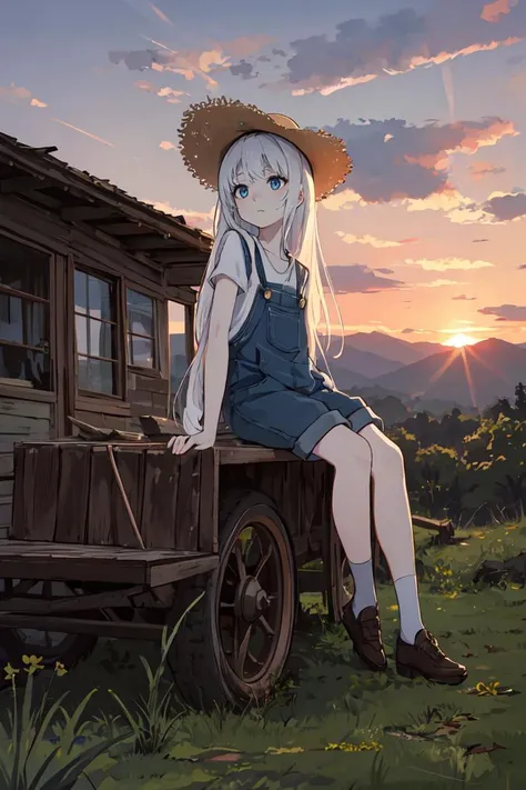 masterpiece, best quality, hdr, 1girl, old shack, 1girl, white hair, blue eyes, absurdly long hair, flat chest, pale skin, overalls, straw hat, sitting, from side, sunset, (looking up:1.1)