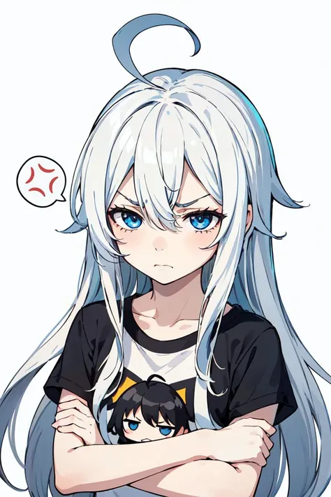 masterpiece, best quality, 1girl, (solo:1.2), upset, angry, (looking away:1.2), (chibi:1.4), white hair, ahoge, absurdly long hair, blue eyes, hair between eyes, flat chest, (pale skin:1.1), (white background:1.2), t-shirt, close-up, crossed arms, pov, disgust, half-closed eyes, spoken anger vein,