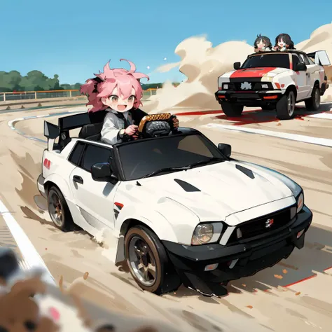 Anime girl driving a white car with a dog in the back - SeaArt AI