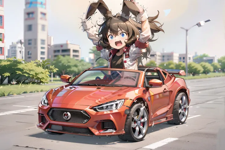 best quality, masterpiece, highres, <lyco:kids_car-v5:0.8>, kids car, driving, solo, <lora:ArinaMakihara:1>, rabbit ears, jacket, tight body pants, black glass, fcPortrait, <lora:Lion_lora_768:0.55>, tokai teio (umamusume)