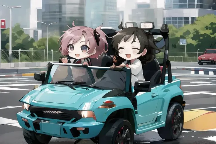 <lora:kids_car-v5:0.9>masterpiece, best quality, (chibi:1.3), driving, road, convertible, hummer, :d, steering wheel, 2girls,