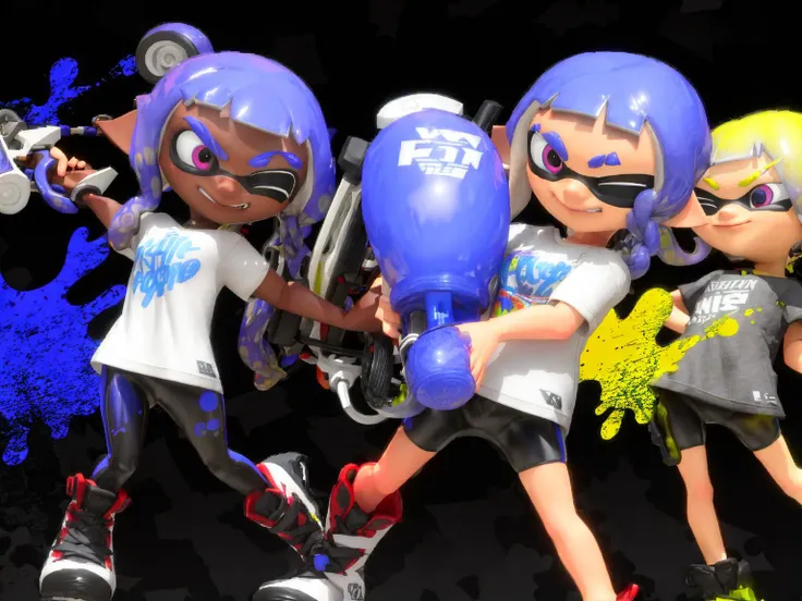 best quality, ((masterpiece)), <lyco:Splatoon3_locon:1>Splatoon3, multiple girls, inkling, blonde hair, dark skin, inkling girl, tentacle hair, smile, one eye closed, blue hair, shirt, 1boy, shoes, pointy ears, holding, suction cups, long hair, 2girls, purple eyes, weapon, inkling boy, purple hair, short sleeves, open mouth, bike shorts, asymmetrical hair, simple background, shorts, sneakers, yellow eyes, holding weapon, dark-skinned female, grey shirt, closed mouth, t-shirt, grin, red footwear, headphones, fangs, bangs, teeth, short hair, long sleeves, octoling, dark-skinned male, white background, ;d, black footwear, full body, blue background, fighting, dynamic pose, ink splashing, yellow ink, purple ink, ink on hair, ink on clothes