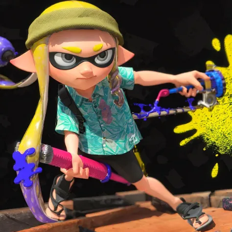 ((best quality)), ((masterpiece)), <lyco:Splatoon302:1> Splatoon3, 1girl, inkling, shirt, solo, tentacle hair, hat, beanie, olive green hat, blonde hair, sandals, paint, pointy ears, inkling girl, long hair, paint splatter, holding, weapon, closed mouth, holding weapon, short sleeves, Hawaiian shirt, full body, beanie, blue shirt, grey eyes, collared shirt, print shirt, black footwear, dynamic pose, dynamic compostion, dynamic angle, looking up, looking to the side, holding weapon, ink splashing, purple ink, yellow ink, black Havaianas, top view composition, perspective
