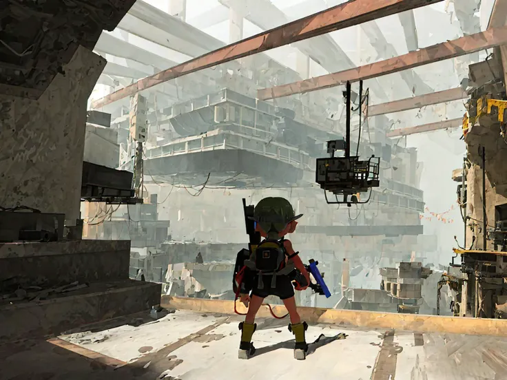 best quality, ((masterpiece)),   <lyco:Splatoon3_locon:1>Splatoon3, back, back view, facing back, green hair, double ponytail, tentacle hair, inkling, 1girl, pants, shoes, dark skin, 1girl, standing, sneakers, pointy ears, octoling, tank top, backpack, water tank, black pants, black shoes, holding gun, full shot, full body, arms open, legs open, dynamic pose, fog, mist, yellow mist, ruins, building ruins, indoors, soft light, police cordon, police line, police cordon tape, debris floating in the air, wire, cable, floating platform, container, perspective