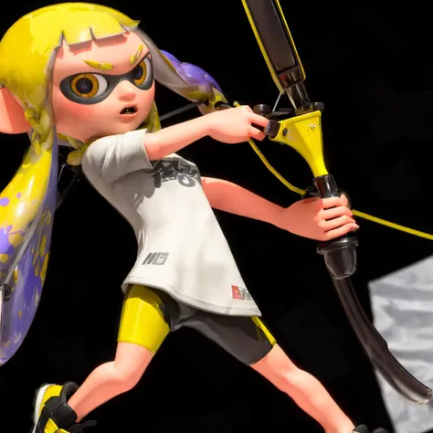 best quality, ((masterpiece)), <lyco:Splatoon3_locon:1>Splatoon3, 1girl, tentacle hair, weapon, blonde hair, yellow iris, bow (weapon), inkling, holding weapon, shirt, holding, inkling girl, holding bow (weapon), draw a bow, full draw, full bow, pointy ears, yellow eyes, braid, short sleeves, long hair, asymmetrical hair, shoes, open mouth, eyebrow cut, white shirt, solo, suction cups, looking at viewer, full body, single braid, bangs, black background, arrow (projectile), multicolored hair, blunt bangs, gradient hair, v-shaped eyebrows, bike shorts, multicolored footwear, looking to the viewer, mouth open, flying in the air, dynamic pose, shooting arrows, fighting, floating hair, ink on hair, ink splashing, purple ink