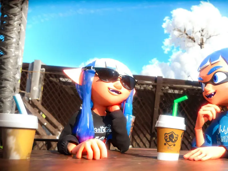best quality, ((masterpiece)), <lyco:Splatoon3_locon:1>Splatoon3, blue hair, drinking straw, 1boy, inkling, 1girl, smile, inkling girl, day, blue sky, blue eyes, cloud, open mouth, sky, sunglasses, fangs, long sleeves, cup, long hair, pointy ears, looking at another, outdoors, eyewear on head, jacket, fence, tentacle hair, bangs, inkling boy, closed mouth, disposable cup, blunt bangs, shirt, table, blurry, drink, head rest, dark skin, sitting, table, talking, black jacket, short hair, artist name, happy, overexposed