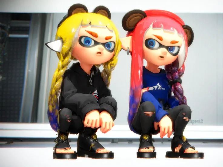 best quality, ((masterpiece)), <lyco:Splatoon3_locon:1>Splatoon3, orange hair, hat, inkling, pants, animal ears, black footwear, torn clothes, long hair, inkling girl, open mouth, long sleeves, white background, braid, jacket, black pants, standing, sandals, tentacle hair, simple background, pointy ears, smile, full body, closed mouth, shoes, blue eyes, looking at viewer, zipper, bangs, 1girl, asymmetrical hair, baseball cap, suction cups, bear ears, legs apart, single braid, zipper pull tab, torn pants, blunt bangs, squatting, grey eyes, black headwear, jewellery, looking down, black shirt, full body, full shot, standing, squatting, looking at viewer, look up composition