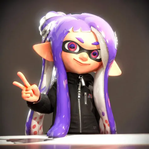 best quality, ((masterpiece)), <lyco:Splatoon302:1>Splatoon3, goggles, solo, 1girl, tentacle hair, smile, purple hair, hands up, double v, long hair, closed mouth, red eyes, v, long sleeves, pointy ears, goggles on head, upper body, inkling, jacket, inkling girl, looking at viewer, black jacket, suction cups, zipper, multicolored hair, zipper pull tab, asymmetrical hair, half profile, upper body, simple background, v