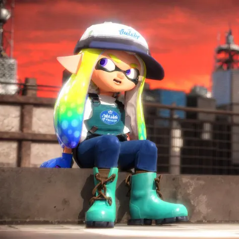 ((best quality)), ((masterpiece)),   <lyco:Splatoon302:1> Splatoon3, green gloves, overalls, lifebuoy, octoling, tentacle hair, green footwear, open mouth, blonde hair, sky, rubber boots, inkling, boots, 1boy, looking down, 1girl, octoling girl, gloves, hat, outdoors, inkling girl, sitting, pointy ears, yellow eyes, purple eyes, long sleeves, cloud, closed mouth, shirt, suction cups, inkling boy, pants, holding, short hair, red sky, red headwear, white shirt, closed eyes, blue footwear, full body, shoes, dark skin, smile, blue eyes, orange sky, working clothes, safety vest, rubber gloves, squatting