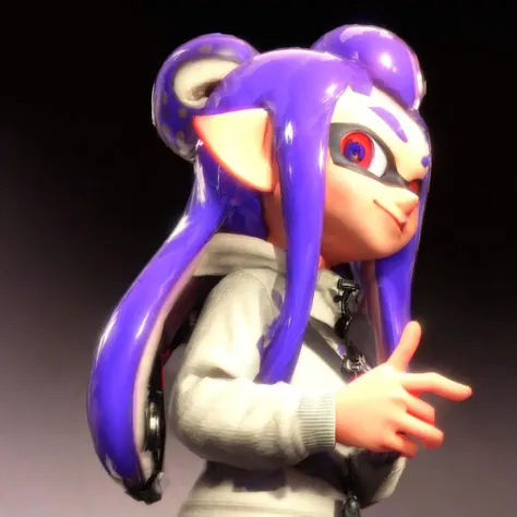best quality, ((masterpiece)), <lyco:Splatoon302:1>Splatoon3, goggles, solo, 1girl, tentacle hair, smile, purple hair, hands up, double v, long hair, closed mouth, red eyes, v, long sleeves, pointy ears, goggles on head, upper body, inkling, jacket, inkling girl, looking at viewer, black jacket, suction cups, zipper, multicolored hair, zipper pull tab, asymmetrical hair, half profile, upper body, simple background, v