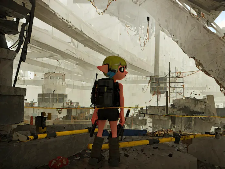 best quality, ((masterpiece)),   <lyco:Splatoon3_locon:1>Splatoon3, back, back view, facing back, green hair, double ponytail, tentacle hair, inkling, 1girl, pants, shoes, dark skin, 1girl, standing, sneakers, pointy ears, octoling, tank top, backpack, water tank, black pants, black shoes, holding gun, full shot, full body, arms open, legs open, dynamic pose, fog, mist, yellow mist, ruins, building ruins, indoors, soft light, police cordon, police line, police cordon tape, debris floating in the air, wire, cable, floating platform, container, perspective