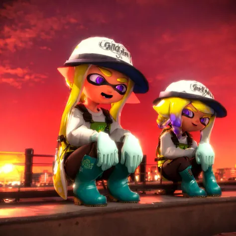 ((best quality)), ((masterpiece)), <lyco:Splatoon302:1> Splatoon3, green gloves, overalls, lifebuoy, octoling, tentacle hair, green footwear, open mouth, blonde hair, sky, rubber boots, inkling, boots, 1boy, looking down, 1girl, octoling girl, gloves, hat, outdoors, inkling girl, sitting, pointy ears, yellow eyes, purple eyes, long sleeves, cloud, closed mouth, shirt, suction cups, inkling boy, pants, holding, short hair, red sky, red headwear, white shirt, closed eyes, blue footwear, full body, shoes, dark skin, smile, blue eyes, orange sky, working clothes, safety vest, rubber gloves, squatting