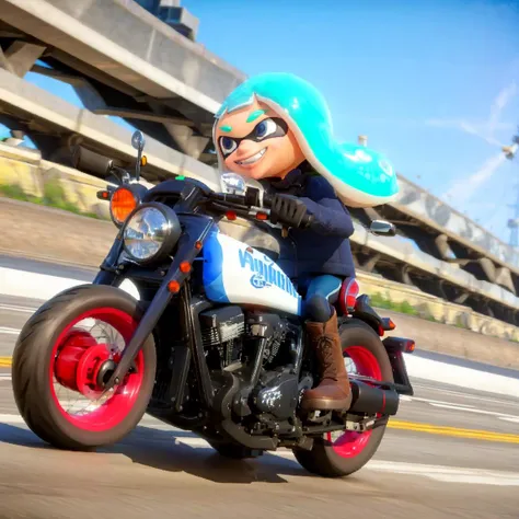 ((best quality)), ((masterpiece)), <lyco:Splatoon302:1>Splatoon3, smile, motorcycle, blue sky, ground vehicle, inkling, motor vehicle, day, sky, 1girl, tentacle hair, blurry, outdoors, long hair, goggles, green hair, grin, long sleeves, motion blur, solo, boots, inkling girl, jacket, black footwear, pointy ears, logo, depth of field, black pants, full body, riding, helmet, pants, blurry background, holding, dynamic angle, single point perspective, riding a motorcycle, on the highway, speed, full body, full shot, outdoors, on the road, perspective