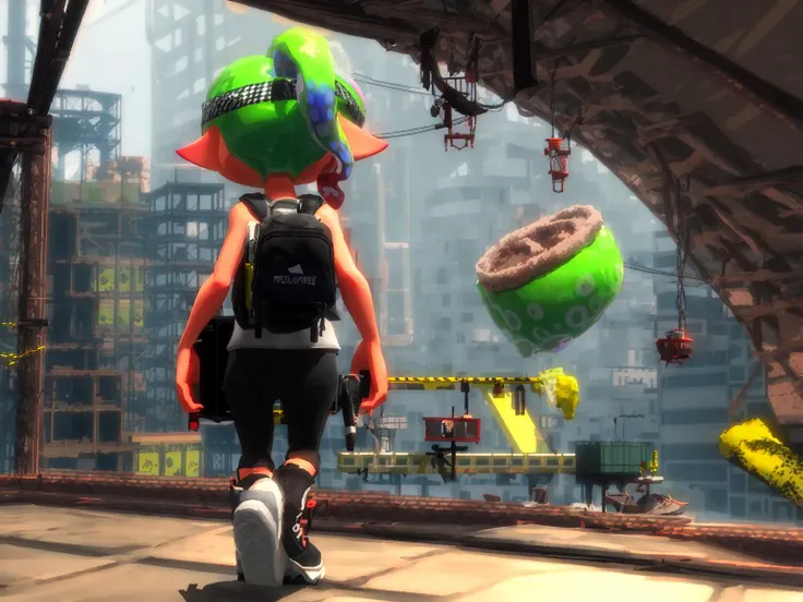 best quality, ((masterpiece)),   <lyco:Splatoon3_locon:1>Splatoon3, back, back view, facing back, green hair, double ponytail, tentacle hair, inkling, 1girl, pants, shoes, dark skin, 1girl, standing, sneakers, pointy ears, octoling, tank top, backpack, water tank, black pants, black shoes, holding gun, full shot, full body, arms open, legs open, dynamic pose, fog, mist, yellow mist, ruins, building ruins, indoors, soft light, police cordon, police line, police cordon tape, debris floating in the air, wire, cable, floating platform, container, perspective