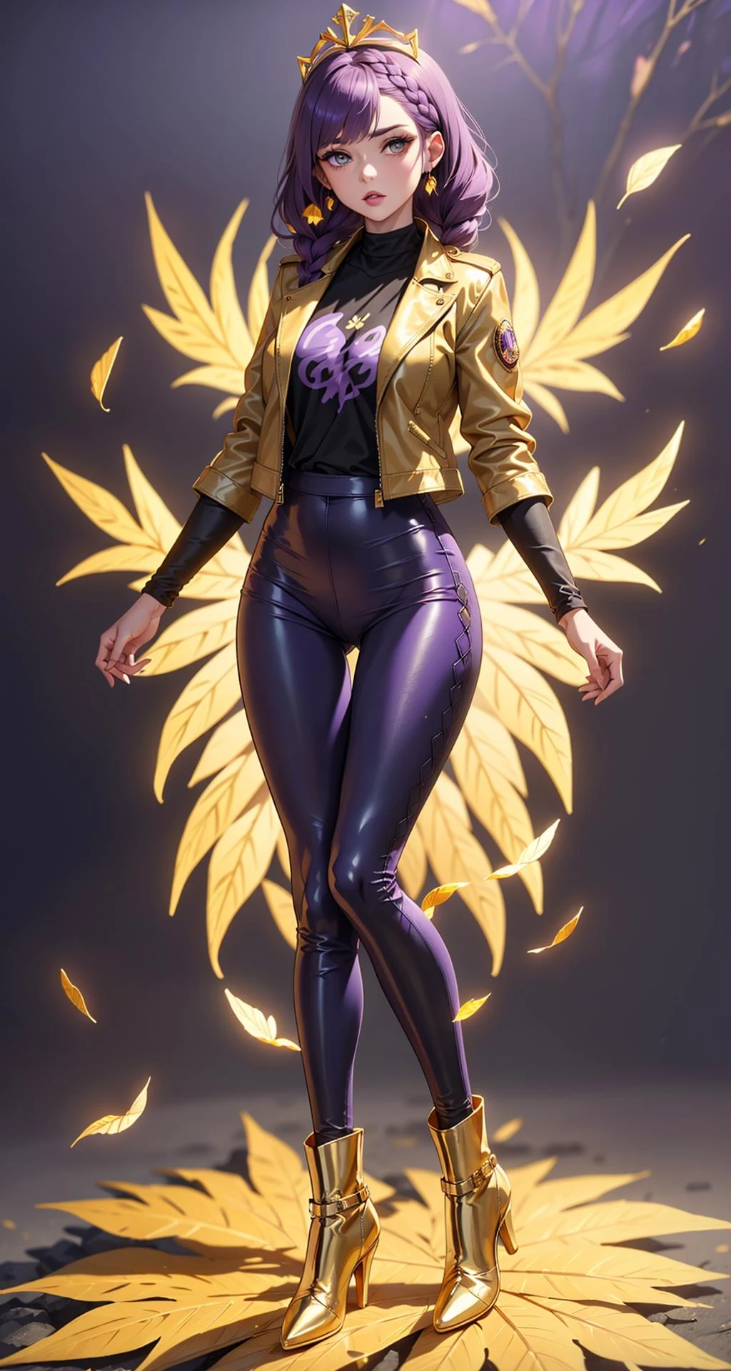 rfamport,Female,woman Leather Moto Jacket in Black, Graphic Print Tee in Vintage White, Faux Leather Leggings in Black, Ankle Booties in Burgundy,Braided Crown hairstyle (Golden Leaf,Proper Purple color background:1.3), <lora:rfamport:0.8>