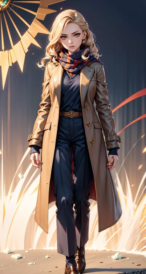rfamport,Female,woman Crew Neck Sweater in Camel, Tailored Wool Coat in Charcoal Gray, Straight-Leg Trousers in Navy Blue, Leather Oxford Shoes in Brown, Cashmere Scarf in Plaid Pattern,Wavy Lob hairstyle (Feta,Metallic Sunburst color background:1.3), <lora:rfamport:0.8>