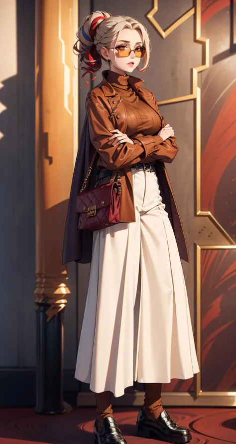rfamport,Female,woman  Striped Turtleneck Sweater in Navy and White, Wool Peacoat in Classic Navy, Wide-Leg Trousers in Gray, Loafers in Burgundy, Oversized Sunglasses in Tortoiseshell,Twisted Updo hairstyle (Tinsel,Red Ochre color background:1.3),  <lora:rfamport:0.8>