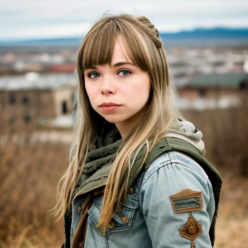 RAW photo, a close up portrait photo of amanda fuller in wastelander clothes, long haircut, thin lips, pale skin, slim body, background is city ruins, (high detailed skin:1.2), 8k uhd, dslr, soft lighting, high quality, film grain, Fujifilm XT3 <lora:amanda fuller v1.2:1>