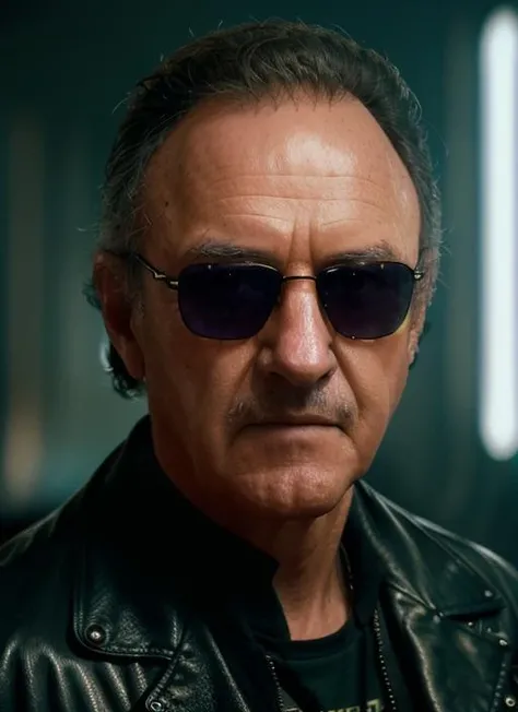 gh1, a man, in cyberpunk leather jacket and sunglasses, in a dark computer room, natural light, (masterpiece:1.2) (photorealistic:1.2) (best quality) (detailed skin:1.2) (intricate details) (8k) (HDR) (cinematic lighting) (sharp focus), (looking at the camera:1.1), ((closeup portrait:1.2)),
<lora:GeneHackman:1>