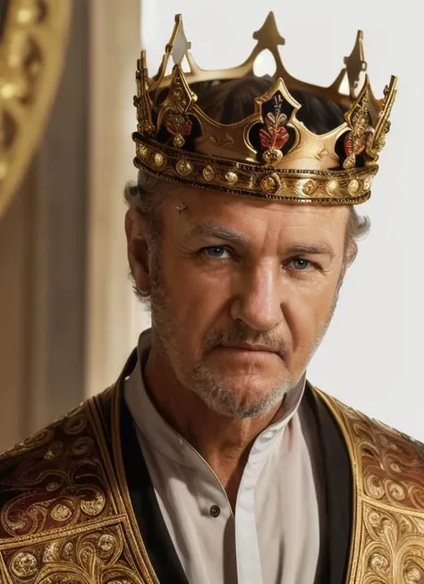 ((detailed face)), (gh1), man, solo, man in king's robes and crown, full body, full body shot, white background, no background, PNG, natural lighting, no shadows, ultra detailed, hyperrealistic, 80mm, 4k, 8k, 8k realistic, sharp focus, intricate, high resolution <lora:GeneHackman-10:1>