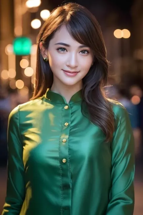 1girl,(wearing a green blouse:1.2),(RAW photo, best quality), (realistic, photo-realistic:1.4), masterpiece, an extremely delicate and beautiful, extremely detailed, 2k wallpaper, Amazing, finely detail, extremely detailed CG unity 8k wallpaper, ultra-detailed, highres, soft light, beautiful detailed girl, extremely detailed eyes and face, beautiful detailed nose, beautiful detailed eyes,cinematic lighting,city lights at night,perfect anatomy,slender body,smiling  <lora:ikomarina_lora:0.7>