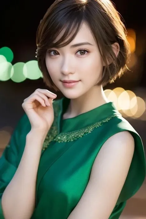 1girl,(wearing a green blouse:1.2),(RAW photo, best quality), (realistic, photo-realistic:1.4), masterpiece, an extremely delicate and beautiful, extremely detailed, 2k wallpaper, Amazing, finely detail, extremely detailed CG unity 8k wallpaper, ultra-detailed, highres, soft light, beautiful detailed girl, extremely detailed eyes and face, beautiful detailed nose, beautiful detailed eyes,cinematic lighting,city lights at night,perfect anatomy,slender body,smiling  <lora:ikomarina_lora:0.7>,(short hair:1.3)
