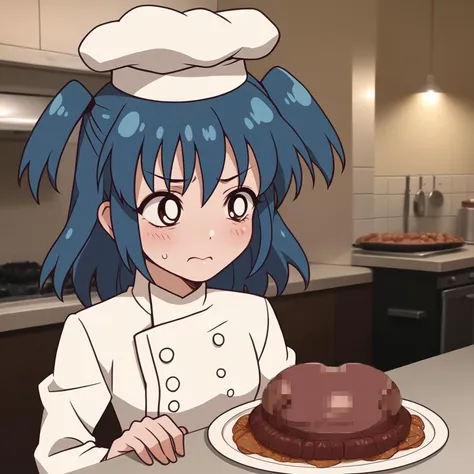 solo, Laceys_game, 1girl, blue hair, two side up, blue hair, two side up, chef hat, censored food, mosaic censoring, nauseated, disgusted, boned meat, <lora:Laceys_game:1.0>, score_6_up, photo background